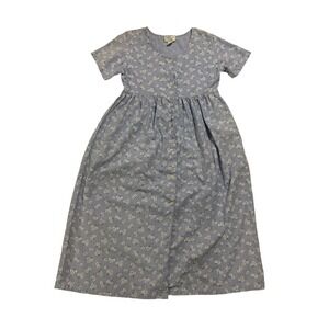 Amanda Stewart Blue Daisy Floral Button Front Midi Dress Women's Small Vtg 90s